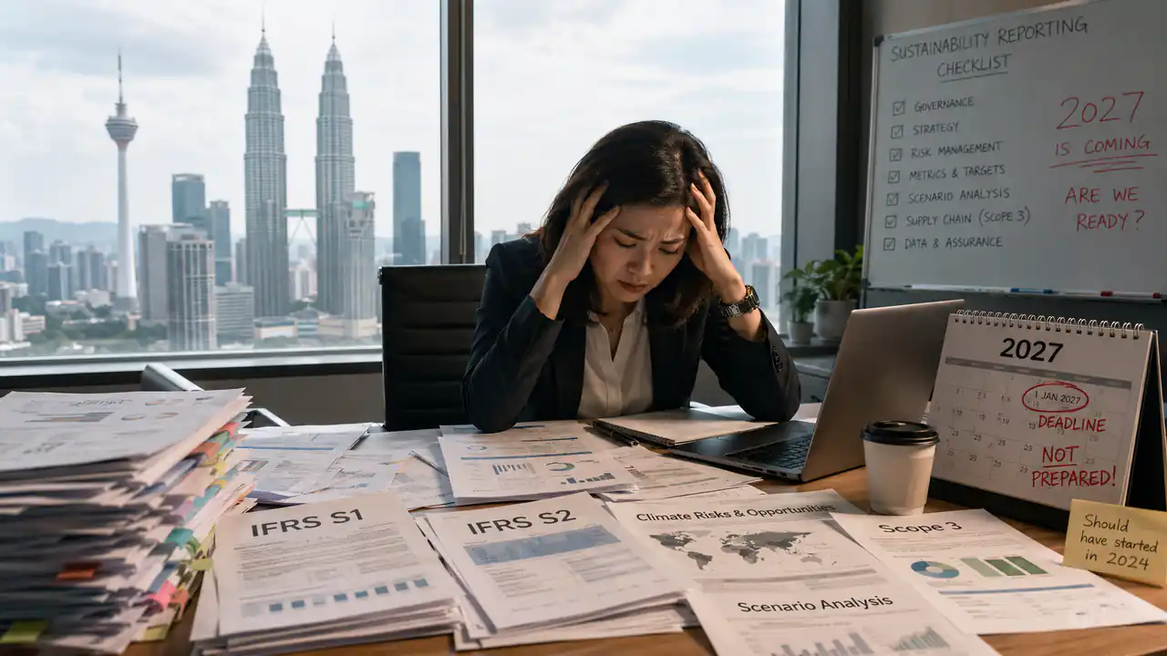 A sustainability manager in a Kuala Lumpur office surrounded by IFRS S1, IFRS S2, Scope 3 and scenario analysis papers, beside a whiteboard reading "Sustainability reporting checklist: 2027 is coming, are we ready?"