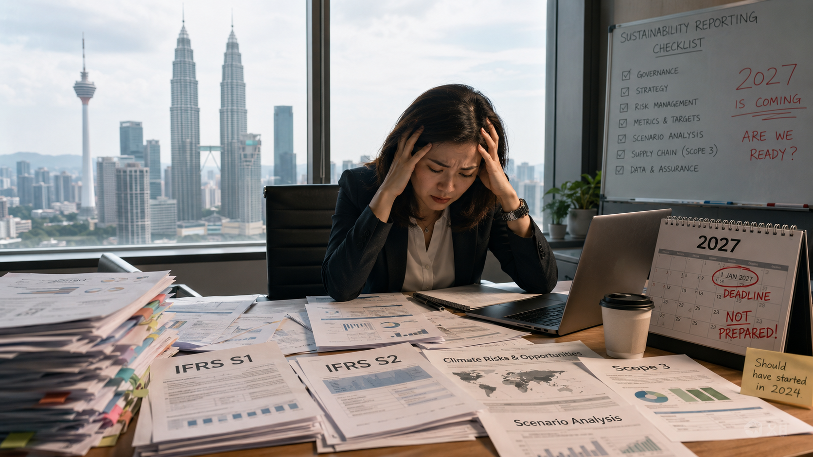 A sustainability manager in a Kuala Lumpur office surrounded by IFRS S1, IFRS S2, Scope 3 and scenario analysis papers, beside a whiteboard reading "Sustainability reporting checklist: 2027 is coming, are we ready?"