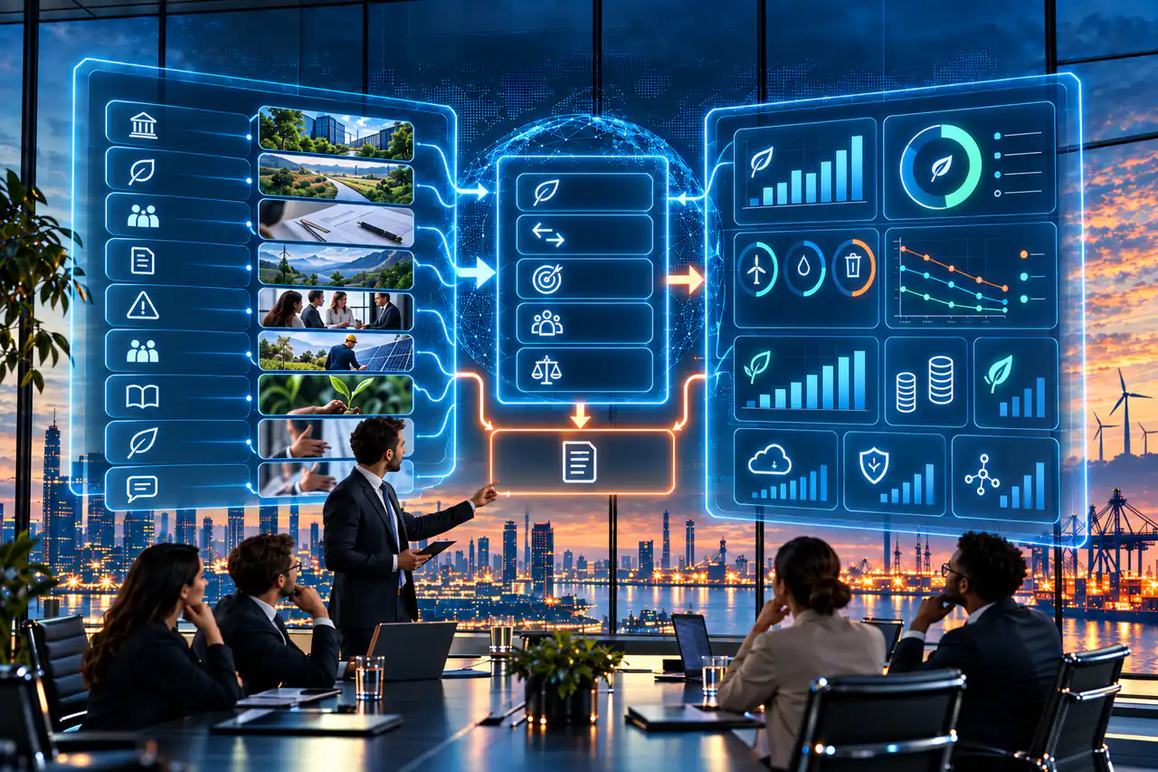 A team in a harbour-side boardroom watching a presenter connect panels of qualitative information on one side to charts and metrics on the other, converging on a single report