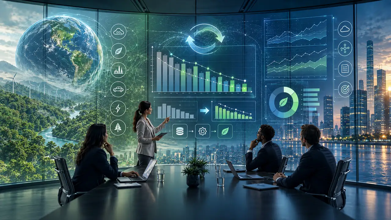 A sustainability team reviewing an emissions chart on a boardroom screen, with a recalculation cycle running above it