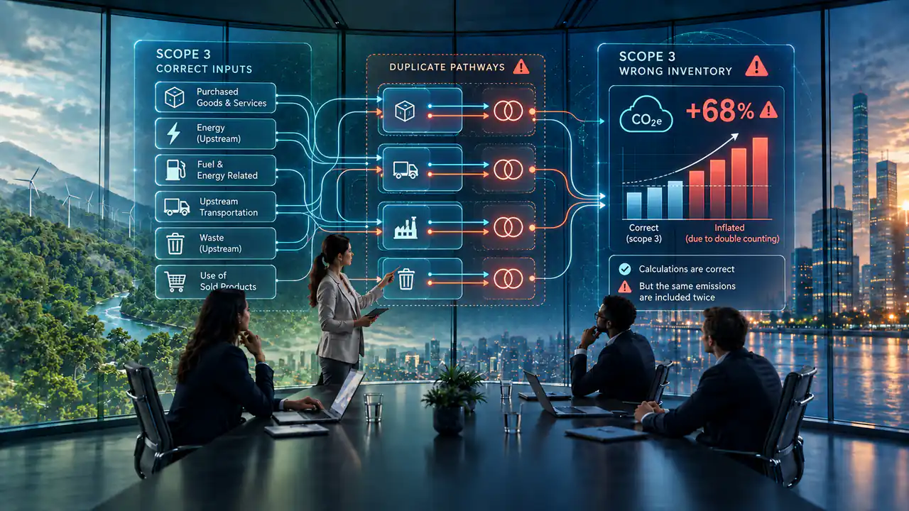 A sustainability team in a boardroom reviewing a screen on which several Scope 3 inputs flow through duplicate pathways into an inflated inventory total