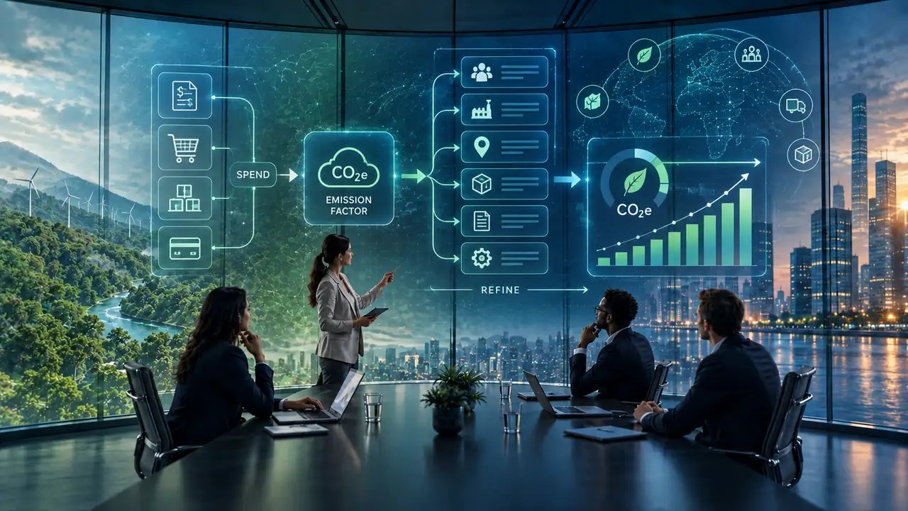 A sustainability team reviewing a spend-based emissions calculation on a boardroom screen, with expenditure feeding an emission factor and a CO2e result