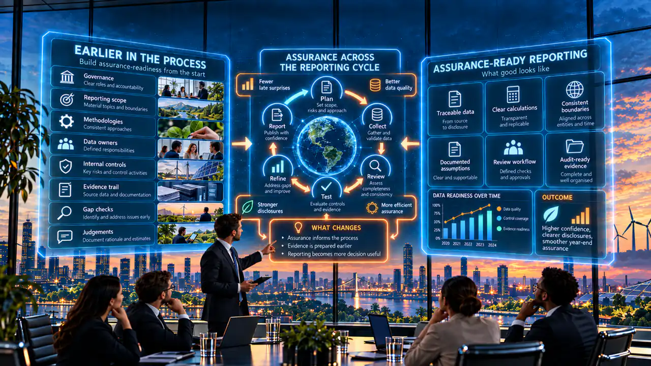A presenter in a city-view boardroom pointing to large displays that show assurance running through the whole reporting cycle, from planning and data collection to review, testing and the final report